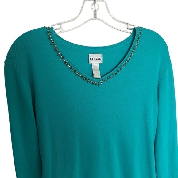Chicos Beaded Longsleeve V Neck Top Teal Blue Size 1 US 8 - Picture 4 of 6